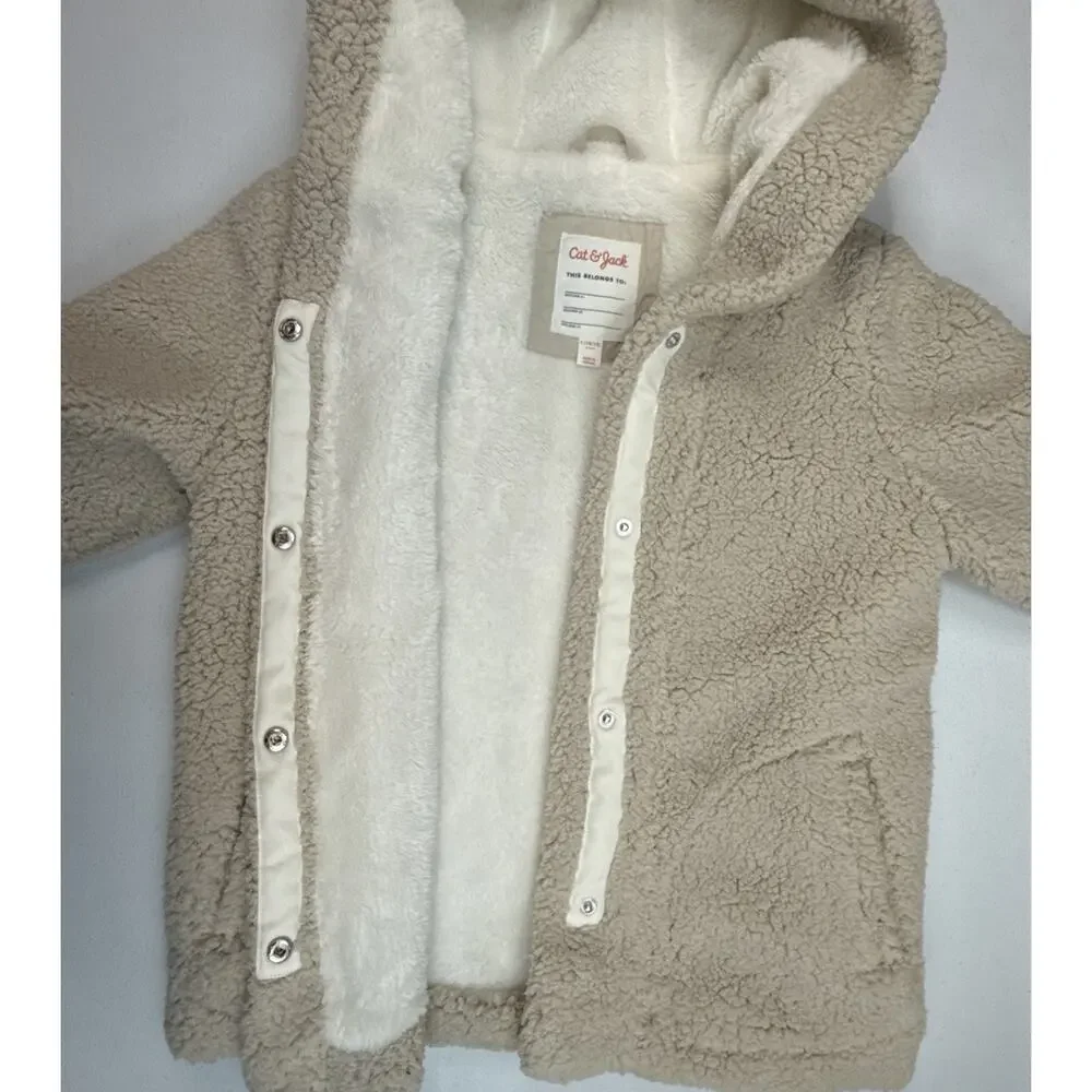 Cat & Jack Girls Cozy Sherpa Jacket Teddy Bear Hooded Beige Tan Size L 10/12